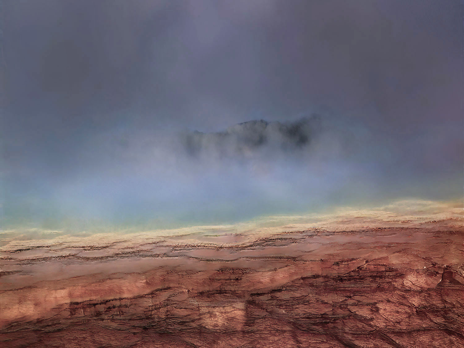 A computer generated image  image of rocky landscape with fog masking the horizon.