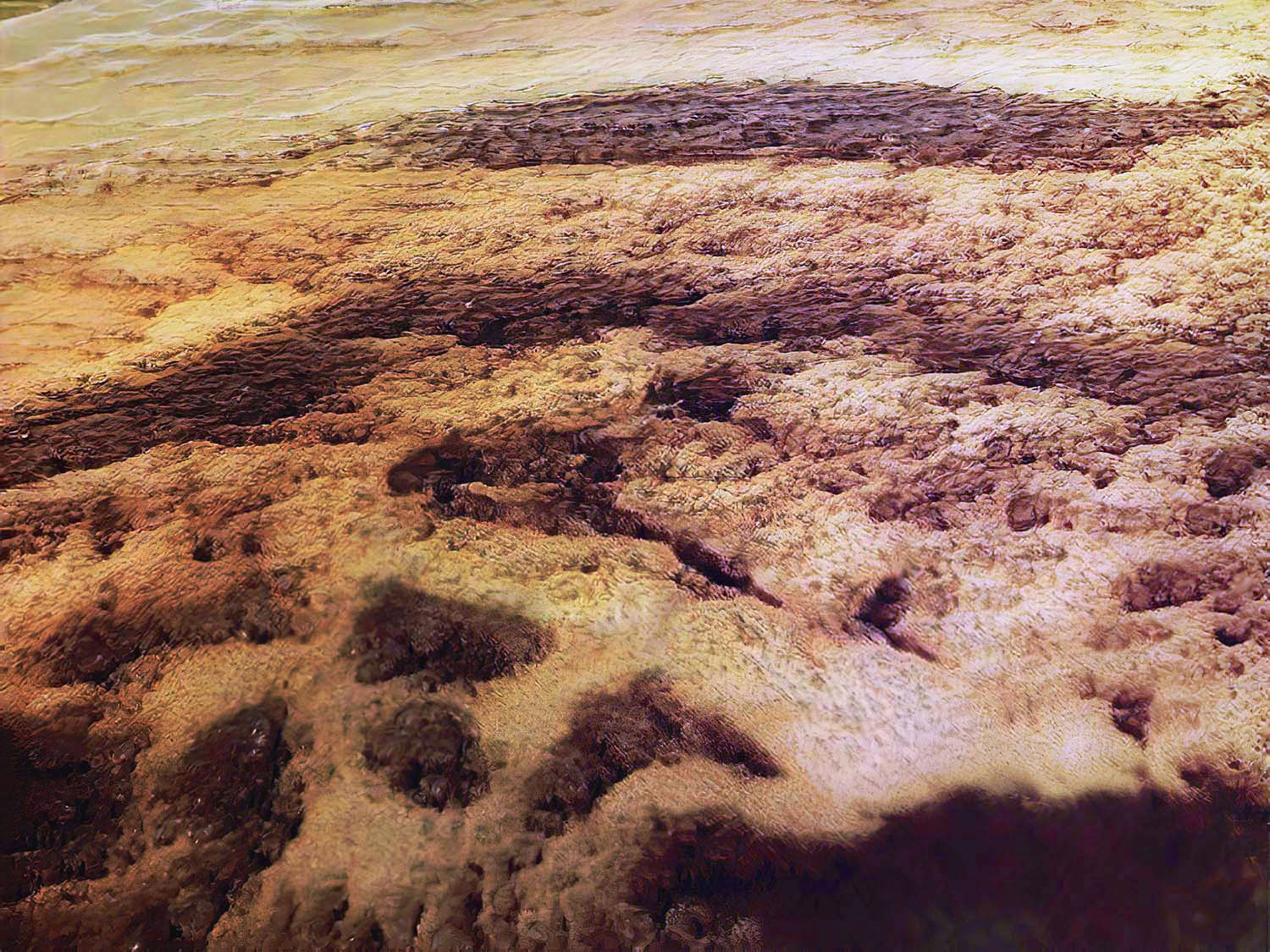 A computer generated image of a yellow coloured rocky landscape.
