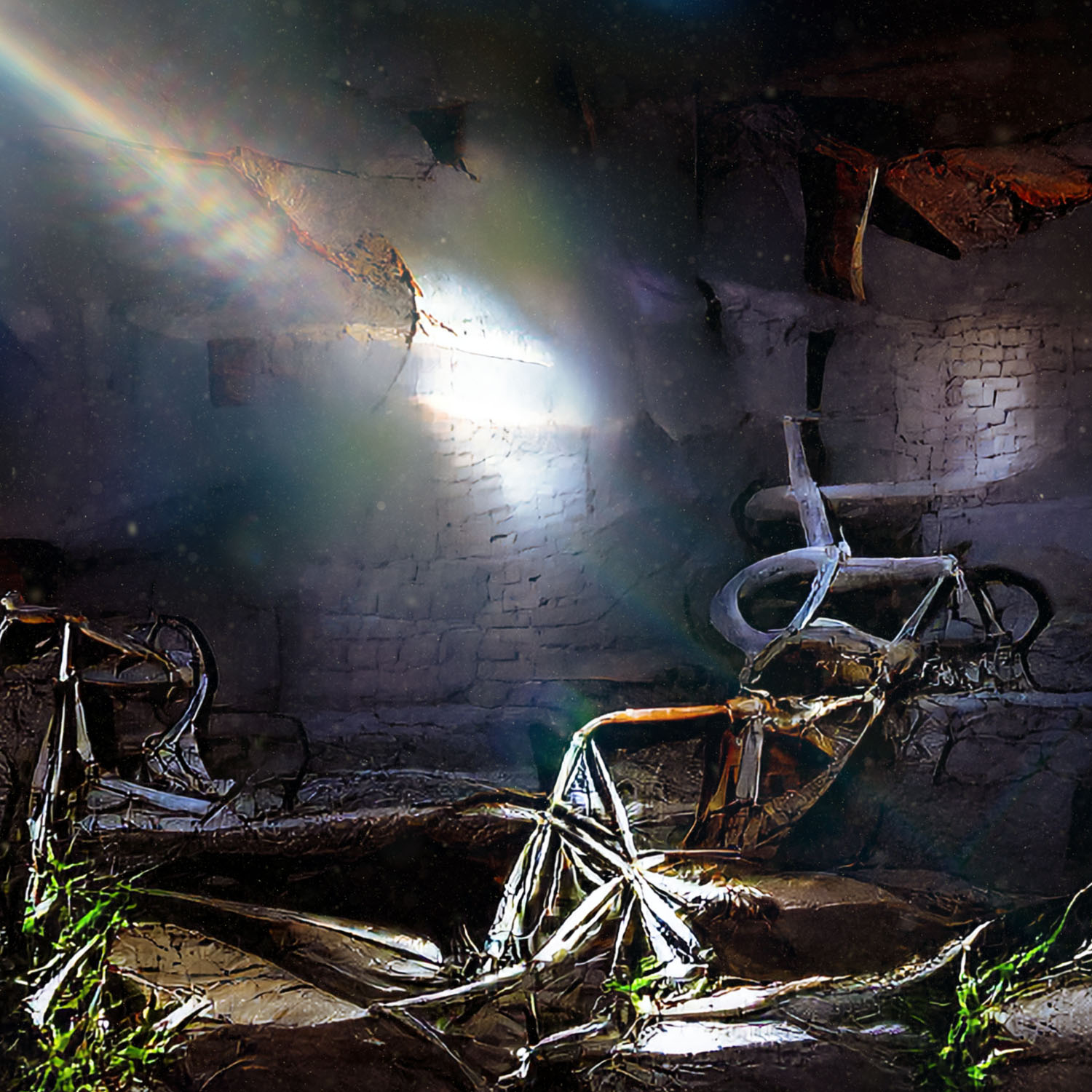 A computer generated image of a dark cellar with morning light rays being cast on the walls. The room looks dusty, tattered and abandoned. 