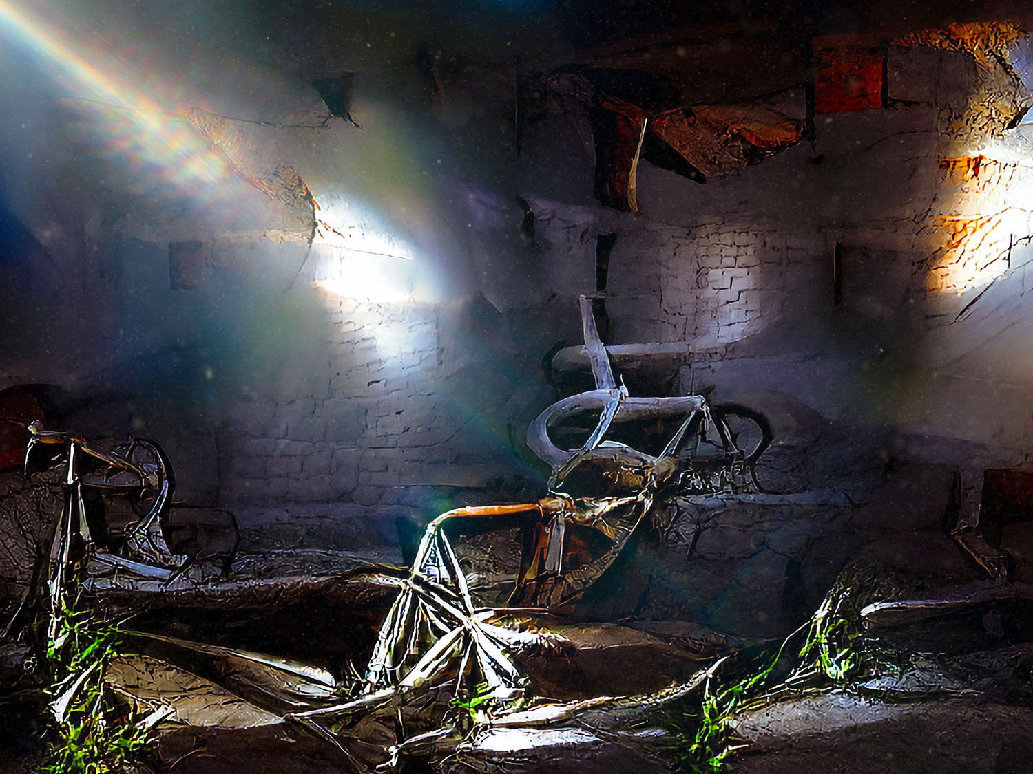 A computer generated image of a dark cellar with morning light rays being cast on the walls. The room looks dusty, tattered and abandoned. 