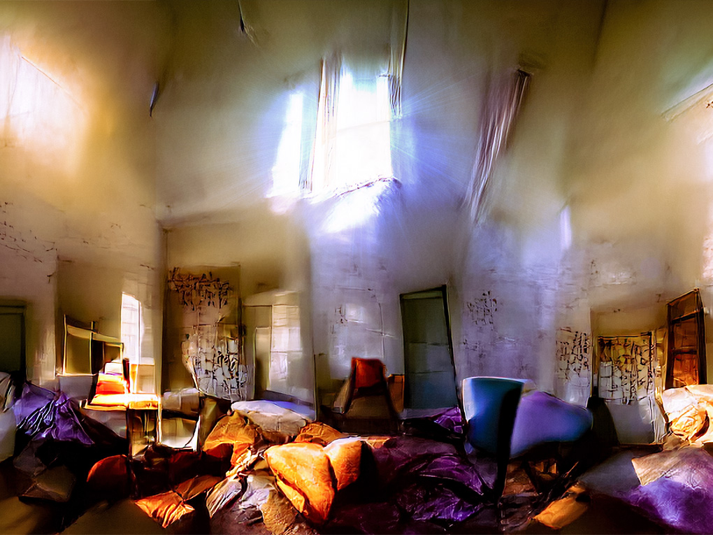An image of a colourful living room with morning light rays being cast through the window. The room looks tattered and abandoned. 