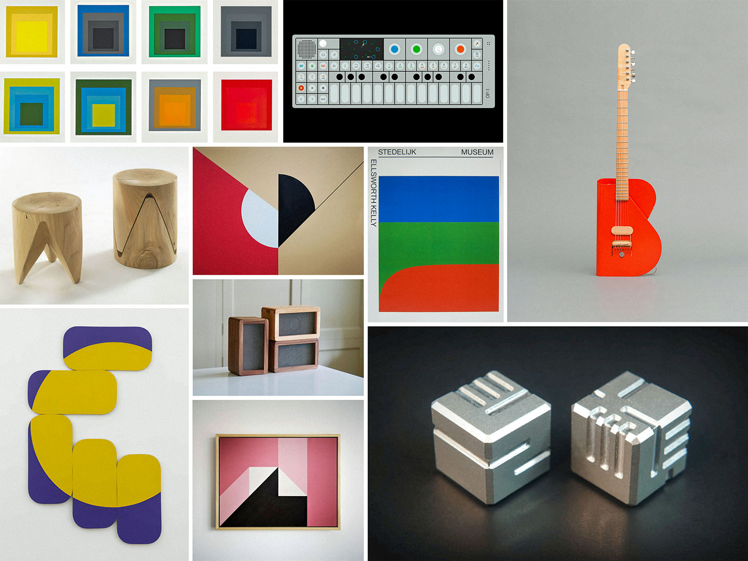 A mood board collage of image inspiration for ml.cube project. Images include hard edge style art and modern art inspired instrument design. 