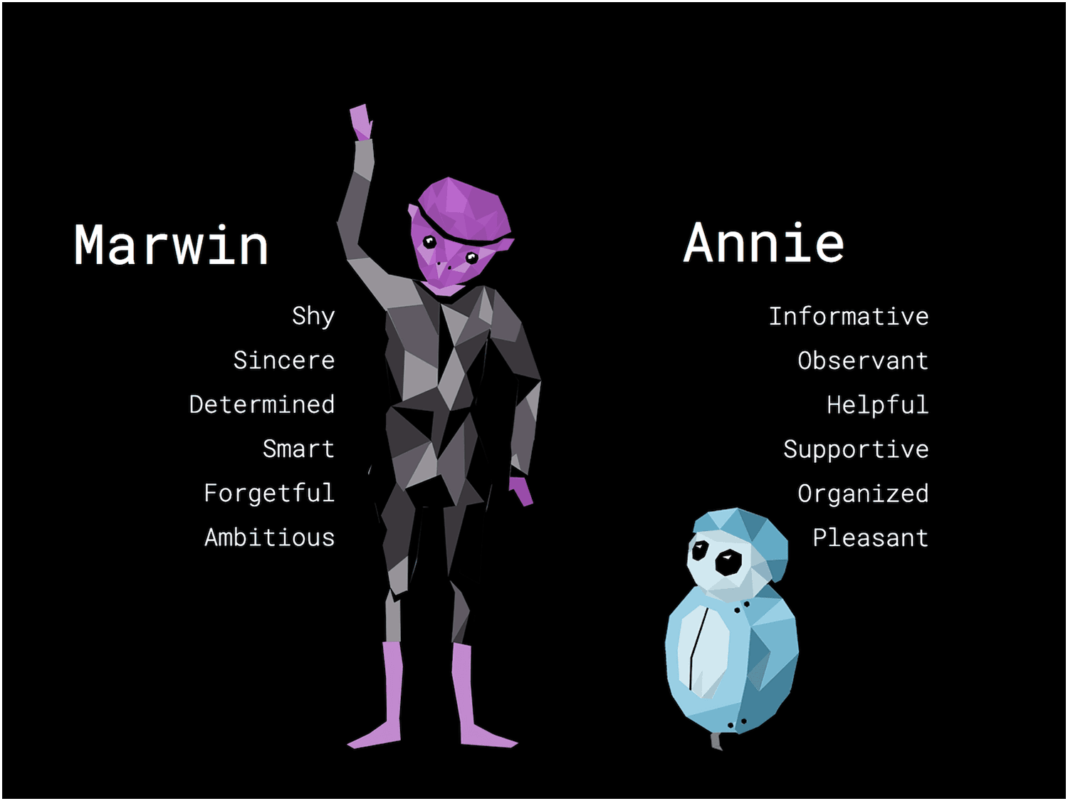 Two animated characters (a purple alien and a blue robot) on a solid black background
