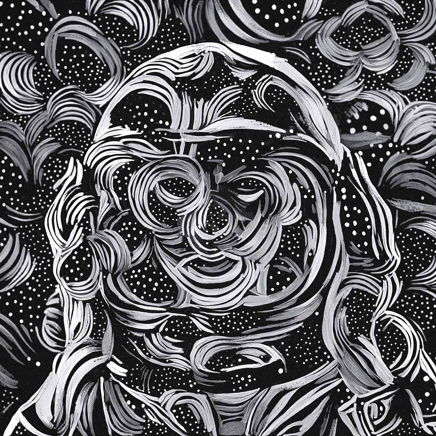 A black and white illustration of a person with their hands over their ears with a star galaxy as the backdrop.