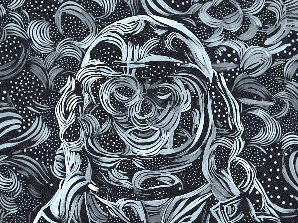 A black and white illustration of a person with their hands over their ears with a star galaxy as the backdrop.
